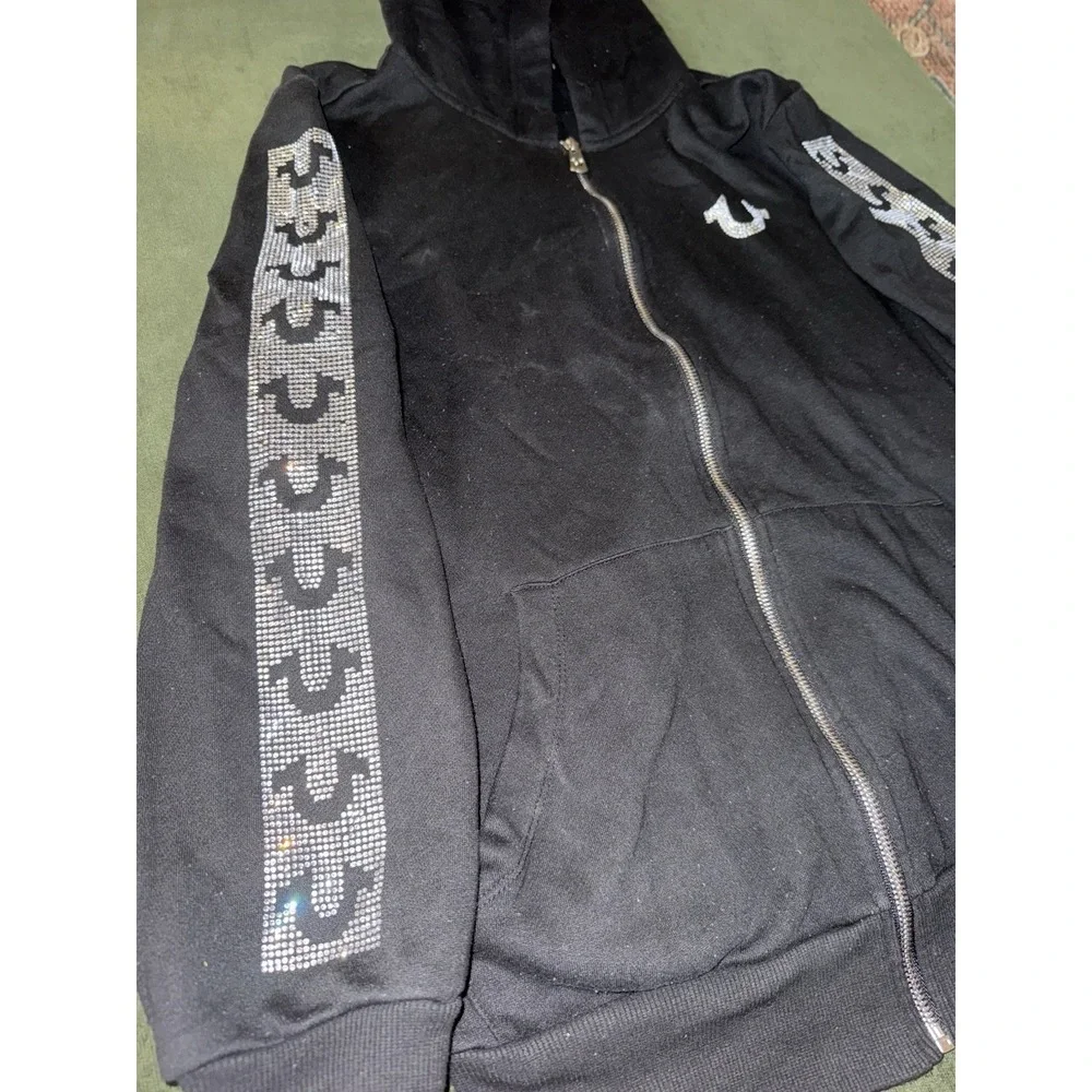 True Religion Black Logo Full Zip Up Crystal Rhinestone Hoodie‎ Mens Size Small